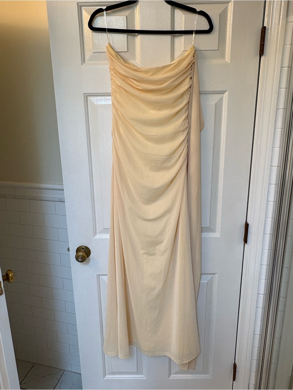 Peppermayo Strapless Cream Ruched Cowl Midi Dress